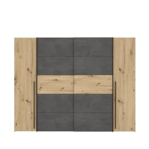 Armoire - Décor Chene Artisan Et Béton Gris - 2 Portes Battantes + 2 Portes Coulissantes - L 270,3