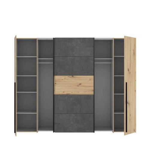 Armoire - Décor Chene Artisan Et Béton Gris - 2 Portes Battantes + 2 Portes Coulissantes - L 270,3