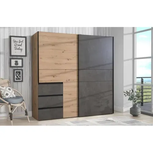 Armoire 2 Portes Coulissantes 3 Tiroirs - Décor Chene Artisan Et Béton Gris - L 200,1 X P 61,2 X H