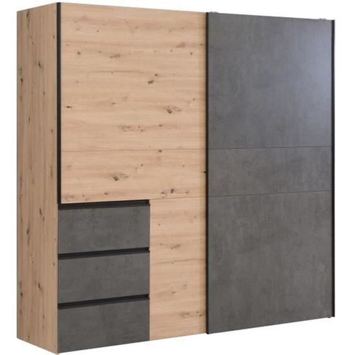 Armoire 2 Portes Coulissantes 3 Tiroirs - Décor Chene Artisan Et Béton Gris - L 200,1 X P 61,2 X H