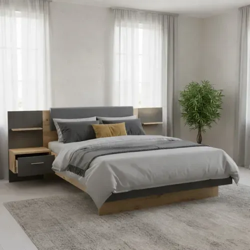 Lit 140x190 cm avec chevets suspendus GINGER imitation chêne et gris foncé