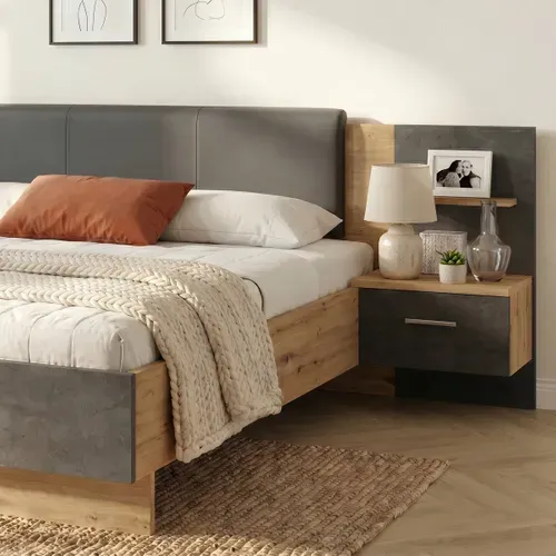 Lit 140x190 cm avec chevets suspendus GINGER imitation chêne et gris foncé