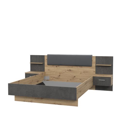 Lit 140x190 cm avec chevets suspendus GINGER imitation chêne et gris foncé