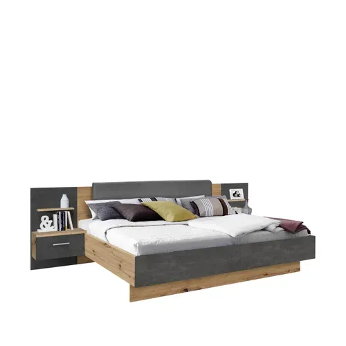 Lit 140x190 cm avec chevets suspendus GINGER imitation chêne et gris foncé