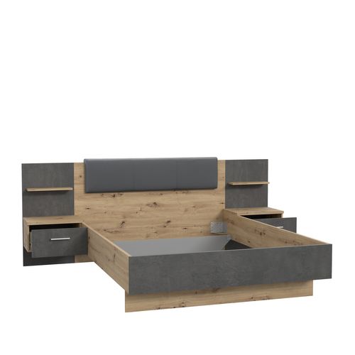 Lit 140x190 cm avec chevets suspendus GINGER imitation chêne et gris foncé