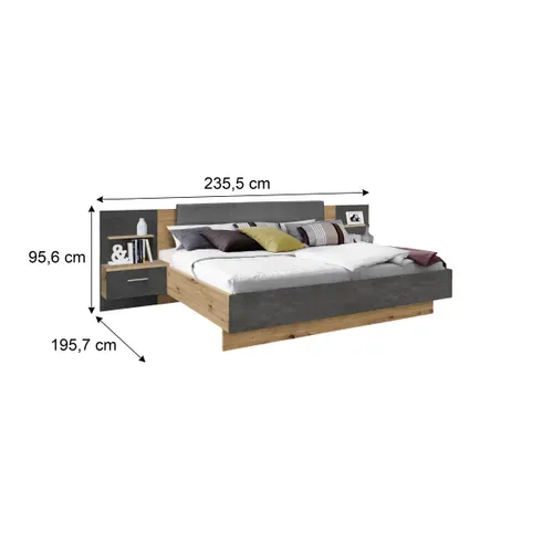 Lit 140x190 cm avec chevets suspendus GINGER imitation chêne et gris foncé