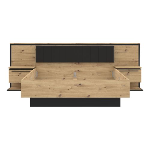 Lit 160x200 cm avec chevets suspendus IZO imitation chêne et noir