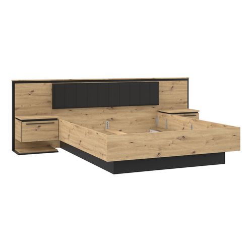 Lit 160x200 cm avec chevets suspendus IZO imitation chêne et noir