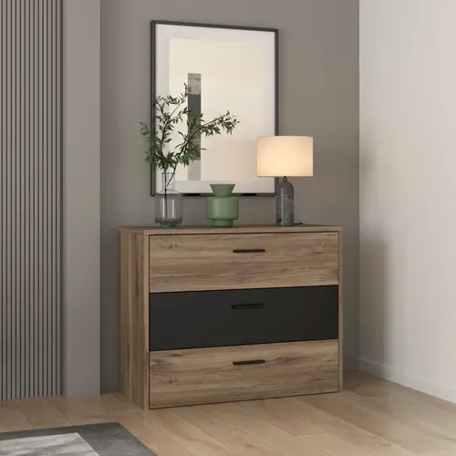 Commode 3 tiroirs LEONARD Imitation chêne et noir vue d'ambiance 1