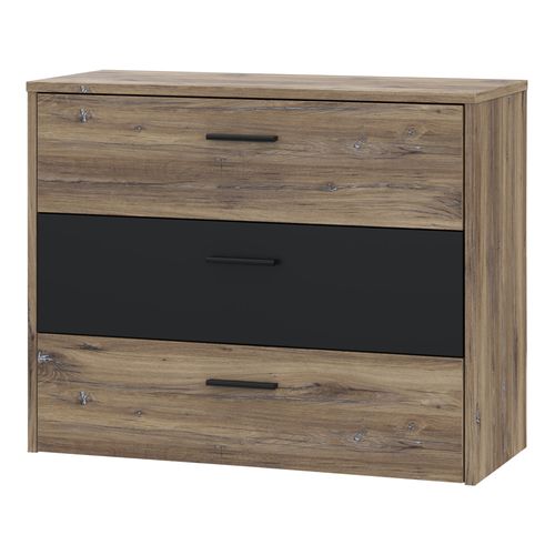 Commode 3 tiroirs LEONARD Imitation chêne et noir vue de profil
