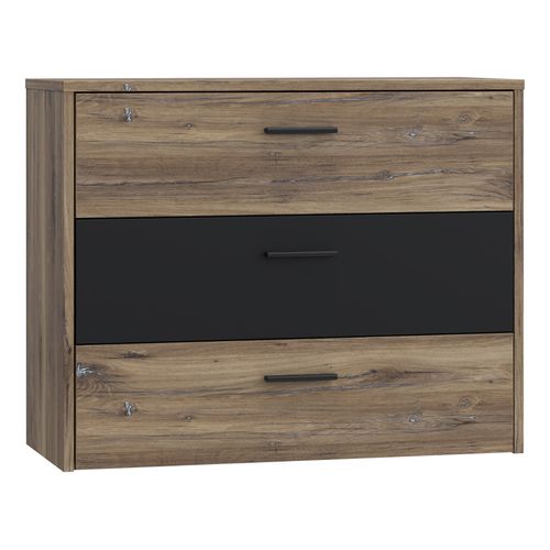 Commode 3 tiroirs LEONARD Imitation chêne et noir vue 3/4