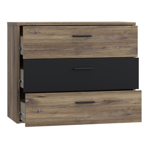Commode 3 tiroirs LEONARD Imitation chêne et noir