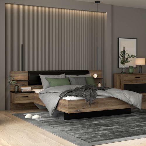 Lit 160x200 cm avec chevets suspendus LEONARD imitation chêne et noir
