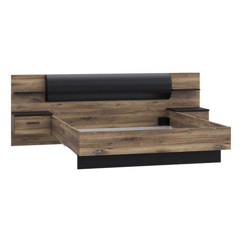 Lit 160x200 cm avec chevets suspendus LEONARD imitation chêne et noir