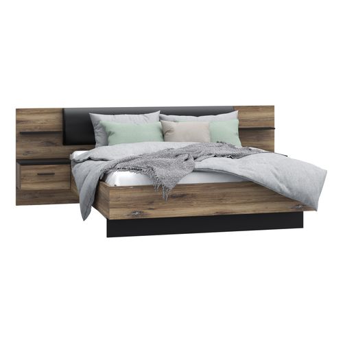 Lit 160x200 cm avec chevets suspendus LEONARD imitation chêne et noir
