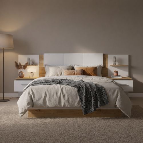 Lit 140x190 cm avec chevets suspendus GINGER imitation chêne et blanc