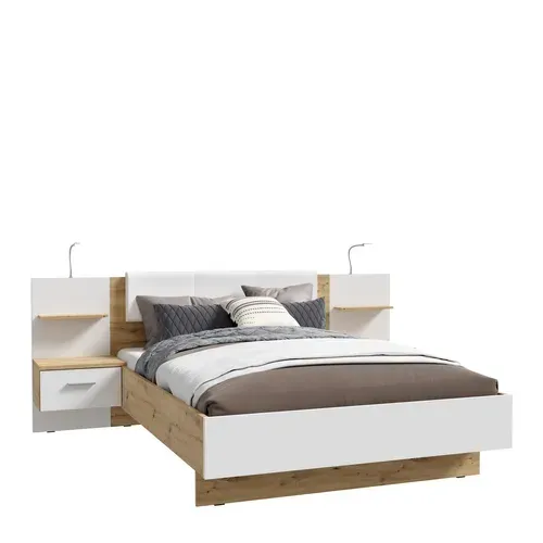 Lit 140x190 cm avec chevets suspendus GINGER imitation chêne et blanc