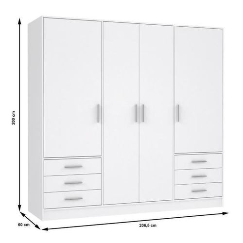 Armoire 4 Portes Battantes + 6 Tiroirs - Bois Aggloméré - Blanc Mat - L 206,5 X P 60 X H 200 Cm -