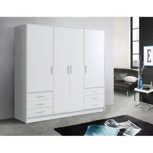 Armoire 4 Portes Battantes + 6 Tiroirs - Bois Aggloméré - Blanc Mat - L 206,5 X P 60 X H 200 Cm -