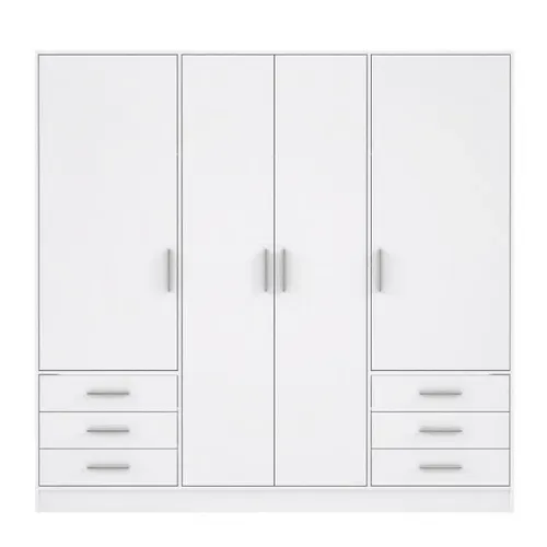 Armoire 4 Portes Battantes + 6 Tiroirs - Bois Aggloméré - Blanc Mat - L 206,5 X P 60 X H 200 Cm -
