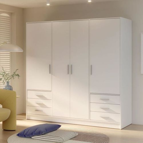 Armoire 4 Portes Battantes + 6 Tiroirs - Bois Aggloméré - Blanc Mat - L 206,5 X P 60 X H 200 Cm -