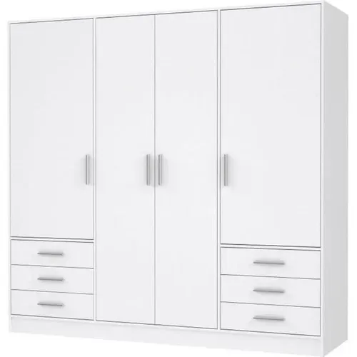 Armoire 4 Portes Battantes + 6 Tiroirs - Bois Aggloméré - Blanc Mat - L 206,5 X P 60 X H 200 Cm -