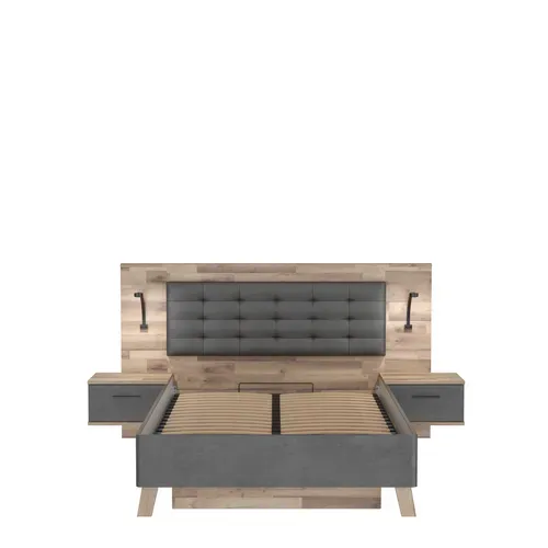 Lit coffre 140x190cm chevets RICCIANO intégrés imitation chêne beton vue de face