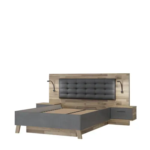 Lit coffre 140x190cm chevets RICCIANO intégrés imitation chêne beton vue de profil