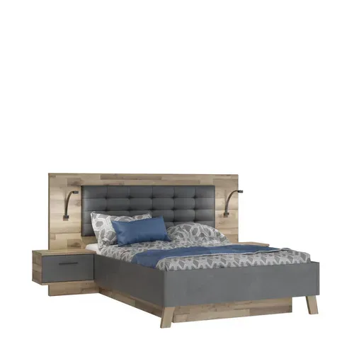 Lit coffre 140x190cm chevets RICCIANO intégrés imitation chêne beton vue 3/4