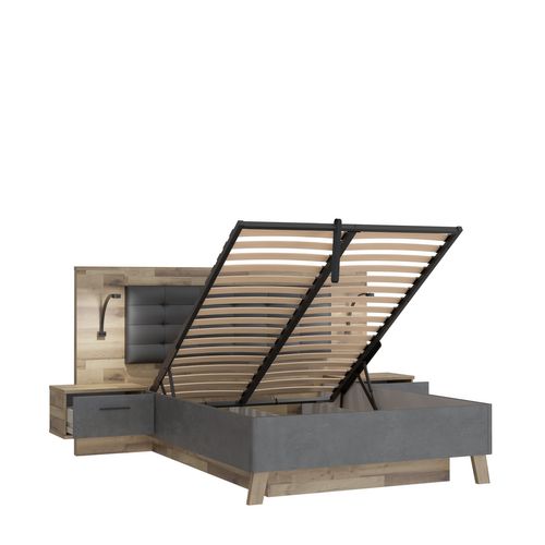 Lit coffre 140x190cm chevets RICCIANO intégrés imitation chêne beton