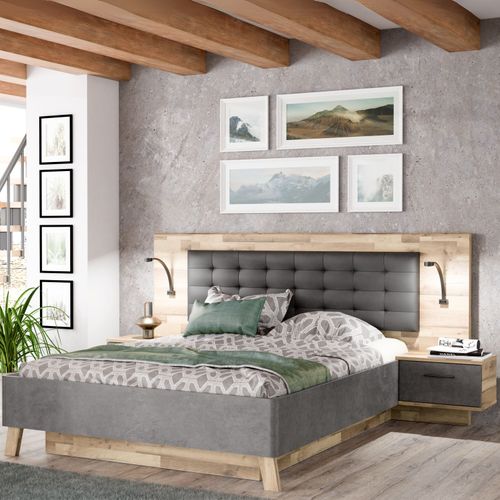 Lit coffre 160x200cm chevets RICCIANO intégrés imitation chêne beton vue d'ambiance 1