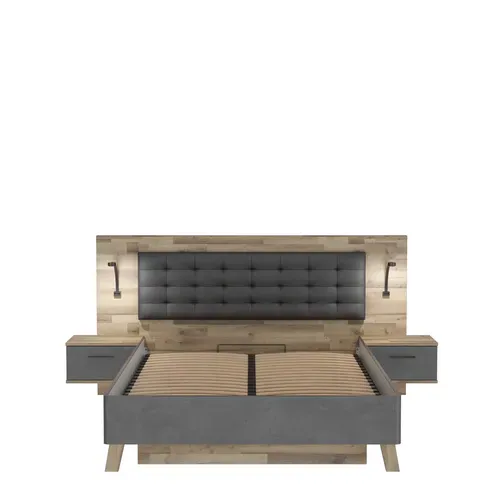 Lit coffre 160x200cm chevets RICCIANO intégrés imitation chêne beton vue de face