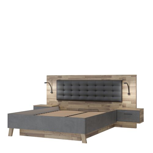 Lit coffre 160x200cm chevets RICCIANO intégrés imitation chêne beton vue de profil