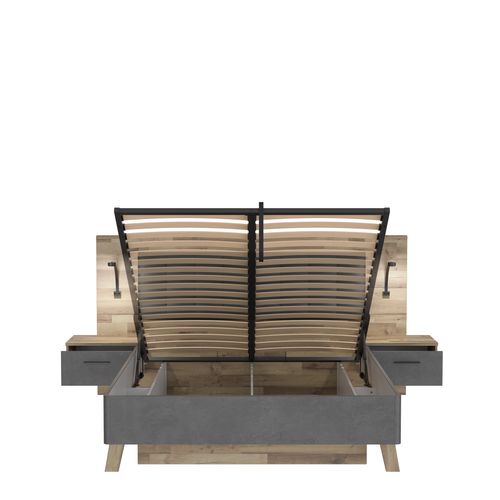 Lit coffre 160x200cm chevets RICCIANO intégrés imitation chêne beton