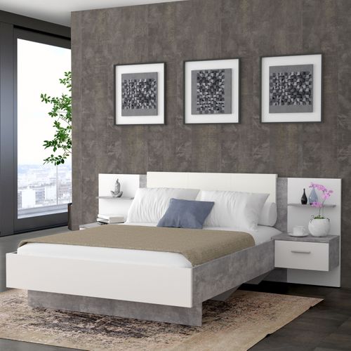 Lit 140x190 cm avec chevets suspendus GINGER Gris clair et blanc mat