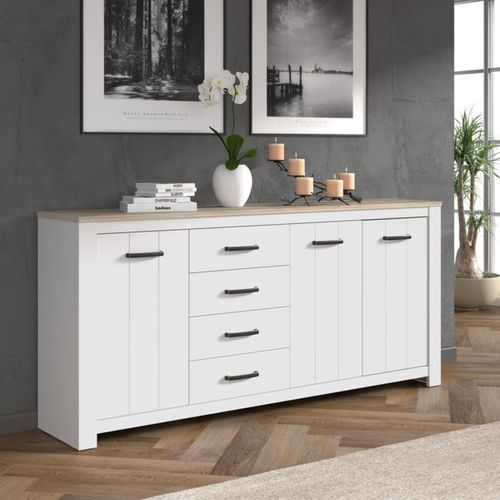 Elara Buffet 206 Cm Blanc Mat et Chêne Bianco, 3 Portes 4 Tiroirs - Forte