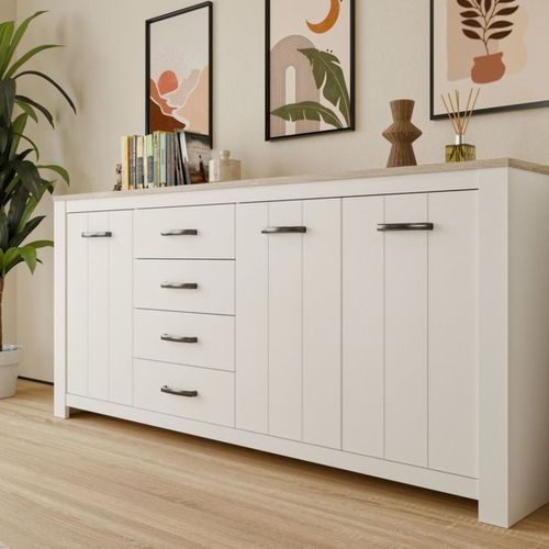 Elara Buffet 206 Cm Blanc Mat et Chêne Bianco, 3 Portes 4 Tiroirs - Forte