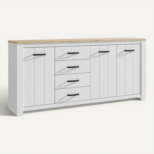 Elara Buffet 206 Cm Blanc Mat et Chêne Bianco, 3 Portes 4 Tiroirs - Forte