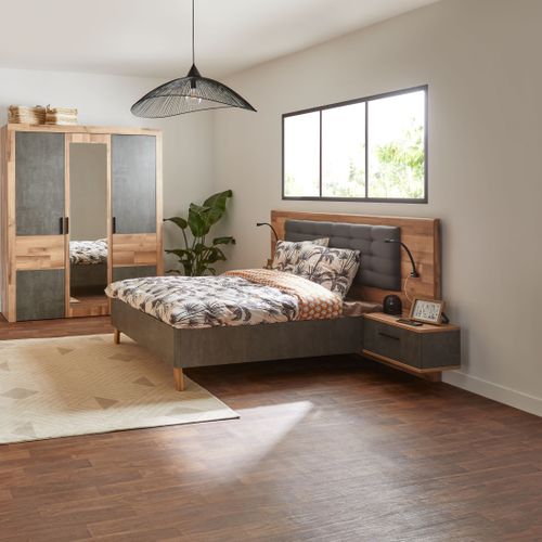 Lit 140x190cm chevets intégrés RICCIANO imitation chêne béton gris vue d'ambiance 1