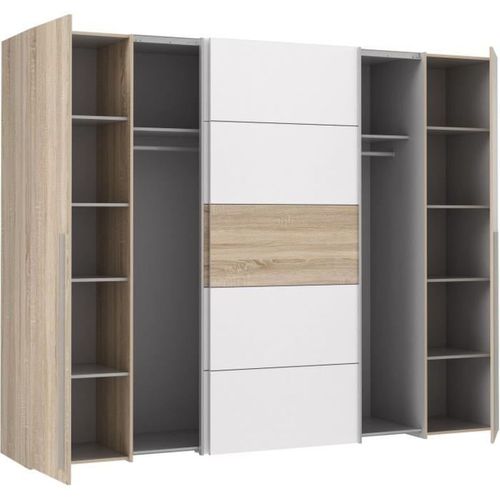 Armoire Narago - Décor Chene Sonoma Et Blanc Mat - 2 Portes Coulissantes + 2 Portes Battantes - L27