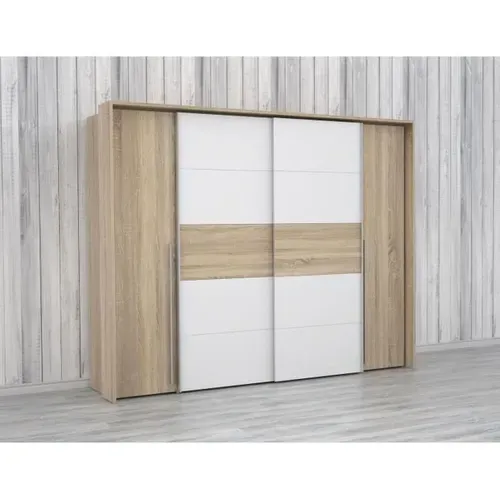 Armoire Narago - Décor Chene Sonoma Et Blanc Mat - 2 Portes Coulissantes + 2 Portes Battantes - L27