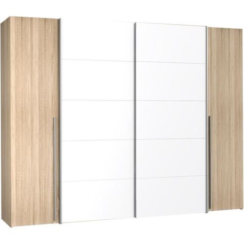 Armoire Narago - Décor Chene Sonoma Et Blanc Mat - 2 Portes Coulissantes + 2 Portes Battantes - L27