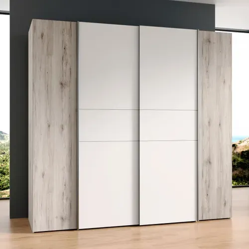 Armoire 2 portes coulissantes 2 portes battantes L.200 cm imitation chêne/blanc KAPAZA