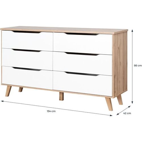 Commode 6 Tiroirs - Décor Chêne Et Blanc - Contemporain - L 154 X P 42 X H 86 Cm