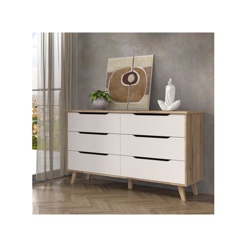 Commode 6 Tiroirs - Décor Chêne Et Blanc - Contemporain - L 154 X P 42 X H 86 Cm