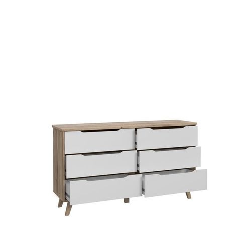 Commode 6 Tiroirs - Décor Chêne Et Blanc - Contemporain - L 154 X P 42 X H 86 Cm