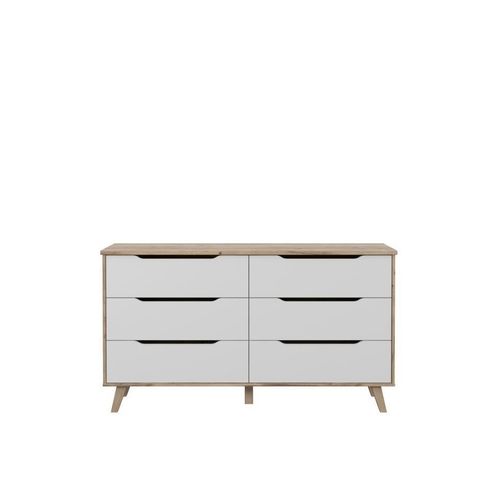 Commode 6 Tiroirs - Décor Chêne Et Blanc - Contemporain - L 154 X P 42 X H 86 Cm