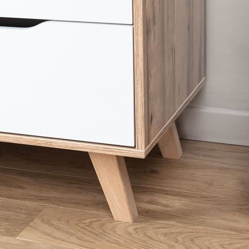 Commode 6 Tiroirs - Décor Chêne Et Blanc - Contemporain - L 154 X P 42 X H 86 Cm