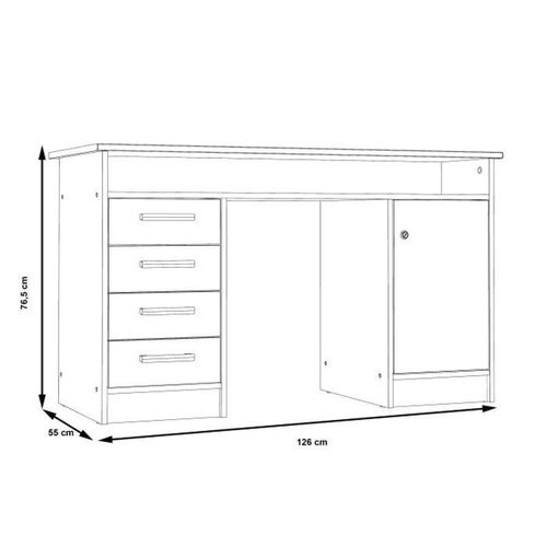 Bureau Droit à Clés Avec 1 Porte Et 4 Tiroirs - Décor Papier Blanc - 126 X P 55 X H 76 Cm - Alicant