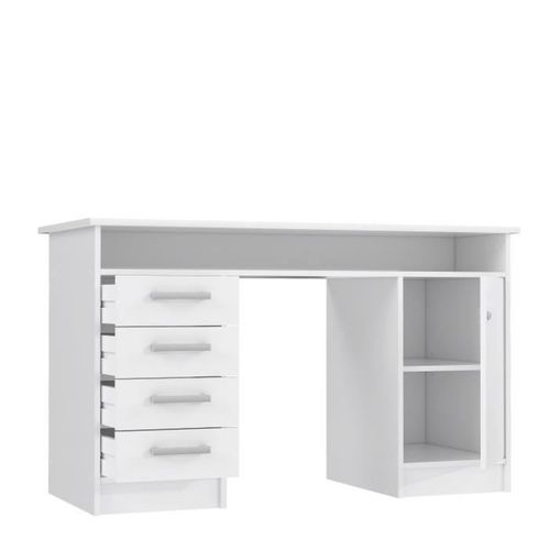 Bureau Droit à Clés Avec 1 Porte Et 4 Tiroirs - Décor Papier Blanc - 126 X P 55 X H 76 Cm - Alicant